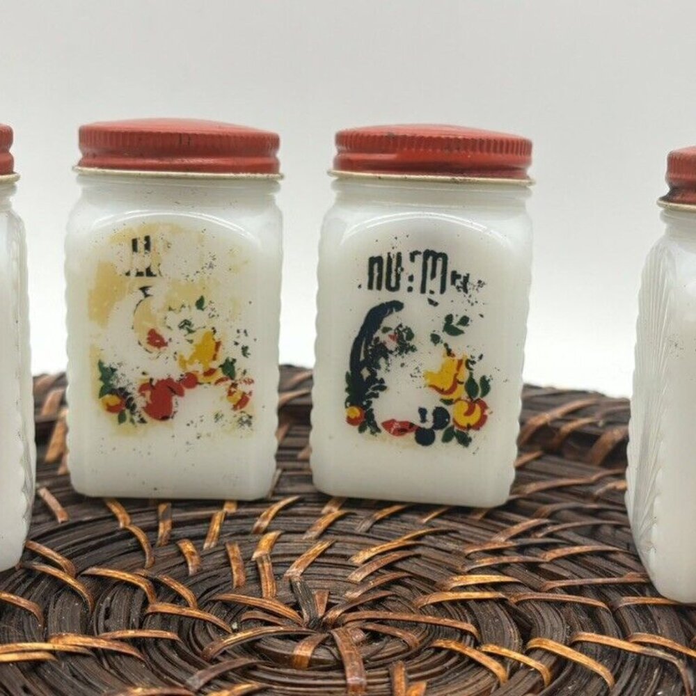 4 Vintage McKee Milk Glass Cornucopia Spice Jars Granny Cottage Core